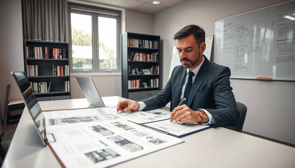 A professional scene depicting a damage assessment process in an office environment. In the foreground, a well-dressed consultant sits at a modern desk, examining a detailed damage report on a laptop, jotting notes with a focused expression. A clipboard with diagrams and photographs of damaged vehicles rests nearby. In the middle ground, a large window lets in soft, natural light, illuminating the room and highlighting a bookshelf filled with industry-related books. The background features a whiteboard with notes and diagrams outlining evaluation criteria. The atmosphere is serious yet constructive, reflecting diligence and expertise. The camera angle is slightly angled from above, providing a comprehensive view of the workspace.