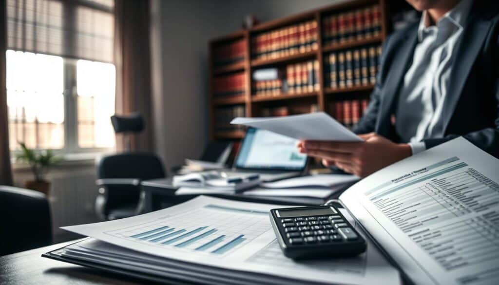 A professional scene depicting a dimly lit office environment where a person in business attire is reviewing a stack of documents, symbolizing reduced compensation claims after a car accident. In the foreground, a close-up of an open folder reveals graphs and a calculator, alluding to financial calculations. In the middle ground, there's a desk cluttered with paperwork, insurance forms, and a laptop displaying a spreadsheet. Soft, natural lighting streams in from a nearby window, creating a somber yet focused atmosphere. The background features a blurred bookshelf filled with legal books, emphasizing the serious nature of the topic. The overall mood conveys reflection and determination to understand the impact of low compensation. A professional scene depicting a dimly lit office environment where a person in business attire is reviewing a stack of documents, symbolizing reduced compensation claims after a car accident. In the foreground, a close-up of an open folder reveals graphs and a calculator, alluding to financial calculations. In the middle ground, there's a desk cluttered with paperwork, insurance forms, and a laptop displaying a spreadsheet. Soft, natural lighting streams in from a nearby window, creating a somber yet focused atmosphere. The background features a blurred bookshelf filled with legal books, emphasizing the serious nature of the topic. The overall mood conveys reflection and determination to understand the impact of low compensation.