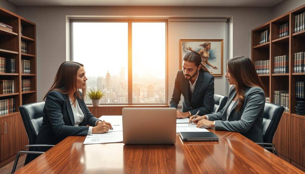 A professional scene depicting a lawyer's office focused on "dochodzenie odszkodowania" with an emphasis on claims for underpaid insurance following a car accident. In the foreground, a diverse group of three people dressed in smart business attire are engaged in a serious discussion over documents and a laptop on a polished wooden table. In the middle ground, a large window reveals a cityscape bathed in soft morning light, illuminating the room and hinting at hope. Behind them, bookshelves filled with legal reference materials and a framed abstract painting create a corporate yet welcoming atmosphere. The overall mood is serious and focused, suggesting determination and professionalism in pursuing rightful compensation. A professional scene depicting a lawyer's office focused on "dochodzenie odszkodowania" with an emphasis on claims for underpaid insurance following a car accident. In the foreground, a diverse group of three people dressed in smart business attire are engaged in a serious discussion over documents and a laptop on a polished wooden table. In the middle ground, a large window reveals a cityscape bathed in soft morning light, illuminating the room and hinting at hope. Behind them, bookshelves filled with legal reference materials and a framed abstract painting create a corporate yet welcoming atmosphere. The overall mood is serious and focused, suggesting determination and professionalism in pursuing rightful compensation.