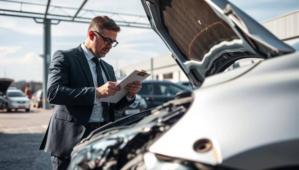 A professional setting depicting a detailed assessment of vehicle damage after a collision. In the foreground, a focused insurance adjuster in smart business attire carefully inspects a damaged car with visible dents and scratches, using a clipboard and measuring tools. In the middle ground, a partially open car hood reveals internal components, showcasing the complexity of the damage. The background features a clear sky and a semi-industrial area, hinting at a busy repair shop. Soft, natural lighting adds a sense of clarity and professionalism, casting subtle shadows for depth. The mood is serious and analytical, emphasizing the importance of accurately assessing damage for compensation.