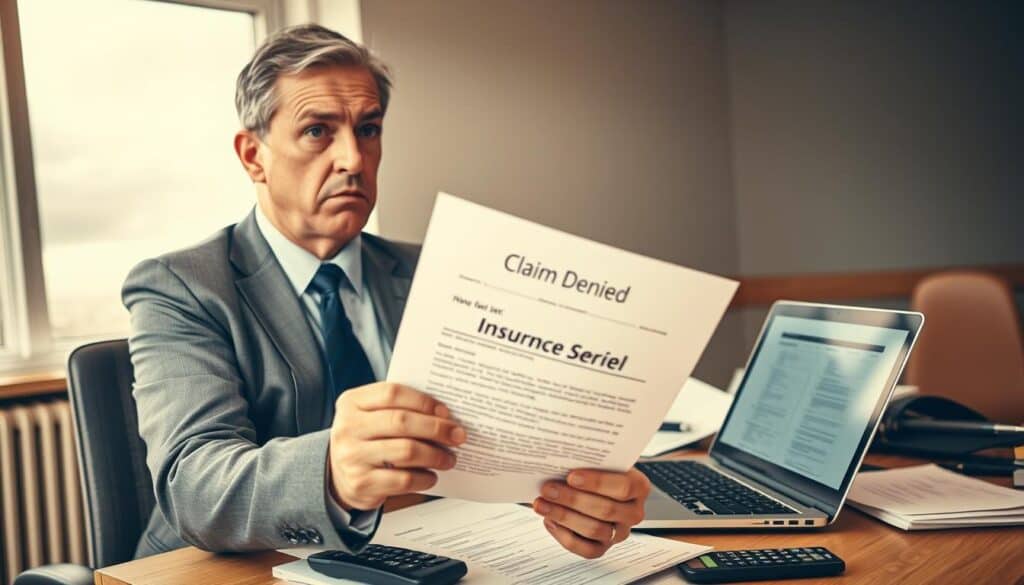 A professional setting depicting a frustrated insurance client in a well-lit office. In the foreground, a middle-aged person in business attire, looking perplexed while holding a letter with the words "Claim Denied" clearly visible. The middle section shows a cluttered desk with paperwork, a calculator, and an open laptop displaying an insurance form. In the background, softly blurred, an office window reveals a cloudy sky, creating a sense of impending concerns. The lighting is warm but slightly dim, emphasizing the serious mood of disappointment and frustration. The composition should focus on the emotional struggle of navigating insurance bureaucracy, without any text or overlays.