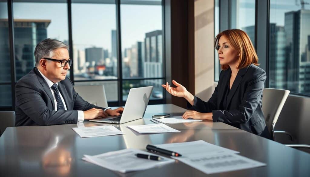 A professional setting depicting a negotiation scene between an insurance agent and a client. In the foreground, a well-dressed middle-aged man with glasses is sitting at a sleek conference table, looking intently at a laptop screen, while a confident woman in a business suit gestures as she speaks, conveying authority and professionalism. In the middle ground, papers and a pen lie scattered, hinting at important documents related to claims and policies. In the background, a large window reveals a cityscape, letting in natural light that casts soft shadows, enhancing the serious yet focused atmosphere of the discussion. The overall mood is tense yet hopeful, capturing the essence of a critical conversation about insurance claims and negotiation strategies.