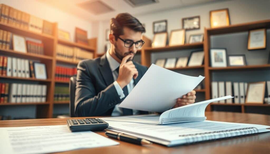 A professional setting illustrating the concept of court costs and compensation claims. In the foreground, a neatly organized desk with legal documents, a calculator, and a pen, symbolizing the financial aspects of legal disputes. In the middle, a lawyer in professional attire thoughtfully reviewing a case file, with a look of concentration. The background features a modern office space filled with shelves of legal books and framed certificates, creating an authoritative atmosphere. The lighting is warm and inviting but clearly illuminates the workspace, emphasizing the importance of the task at hand. A soft-focus effect on the background adds depth while keeping the viewer's attention on the lawyer and the desk items. The overall mood is serious yet hopeful, reflecting the pursuit of justice and rightful compensation. A professional setting illustrating the concept of court costs and compensation claims. In the foreground, a neatly organized desk with legal documents, a calculator, and a pen, symbolizing the financial aspects of legal disputes. In the middle, a lawyer in professional attire thoughtfully reviewing a case file, with a look of concentration. The background features a modern office space filled with shelves of legal books and framed certificates, creating an authoritative atmosphere. The lighting is warm and inviting but clearly illuminates the workspace, emphasizing the importance of the task at hand. A soft-focus effect on the background adds depth while keeping the viewer's attention on the lawyer and the desk items. The overall mood is serious yet hopeful, reflecting the pursuit of justice and rightful compensation.
