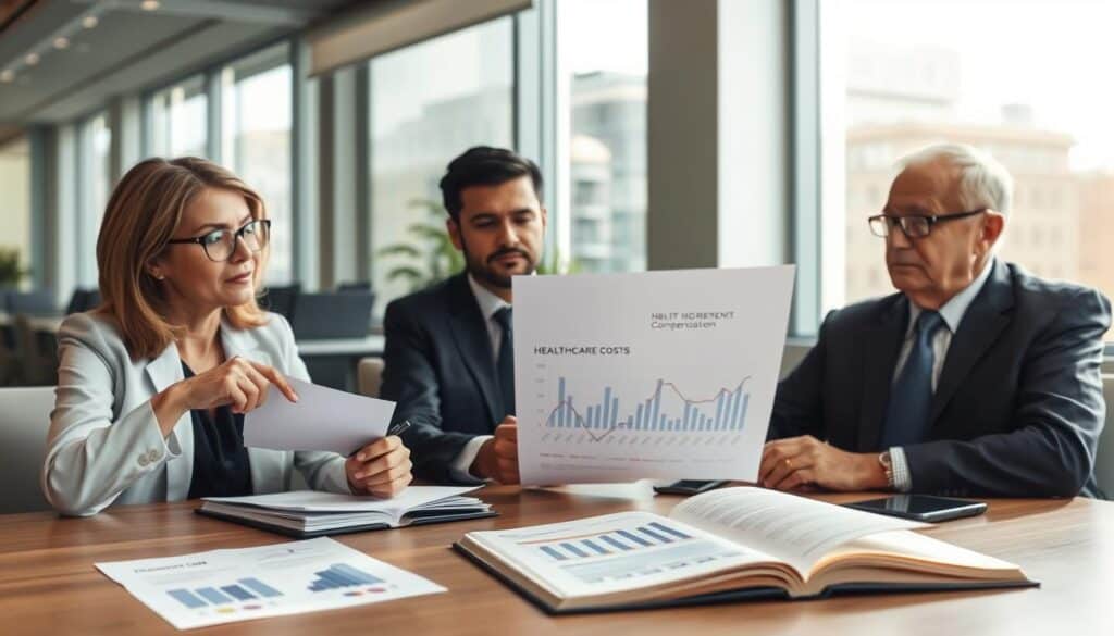 A professional setting showcasing a business meeting focusing on healthcare costs and insurance compensation. In the foreground, a diverse group of three individuals in formal business attire are seated at a conference table, discussing documents related to medical expenses. One person, a middle-aged woman with glasses, is pointing at a chart displaying rising healthcare costs, while the others, a young man and an older gentleman, are taking notes. In the middle ground, papers and a laptop open with financial graphs visible, highlighting the link between compensation and treatment costs. The background features a modern office with large windows allowing soft natural light to illuminate the scene, emphasizing a serious and focused atmosphere. The composition captures an analytical mood, reflecting the importance of understanding treatment costs in insurance claims. A professional setting showcasing a business meeting focusing on healthcare costs and insurance compensation. In the foreground, a diverse group of three individuals in formal business attire are seated at a conference table, discussing documents related to medical expenses. One person, a middle-aged woman with glasses, is pointing at a chart displaying rising healthcare costs, while the others, a young man and an older gentleman, are taking notes. In the middle ground, papers and a laptop open with financial graphs visible, highlighting the link between compensation and treatment costs. The background features a modern office with large windows allowing soft natural light to illuminate the scene, emphasizing a serious and focused atmosphere. The composition captures an analytical mood, reflecting the importance of understanding treatment costs in insurance claims.