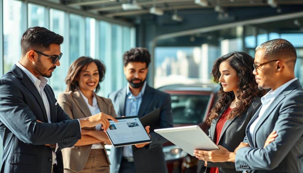 A professional setting showcasing various scenarios worthy of reporting incidents for insurance claims. In the foreground, a diverse group of three individuals in business attire discussing thoughtfully, one pointing at a tablet displaying accident details. In the middle, a car accident scene with visible damage to the vehicles, emphasizing the importance of reporting such incidents. The background features a modern cityscape, hinting at urban driving conditions that lead to accidents. The lighting is bright and natural, suggesting a clear day, with a focus on the individuals' expressions of concern and determination. The atmosphere is serious yet constructive, highlighting the need for proper communication and documentation in the aftermath of collisions.