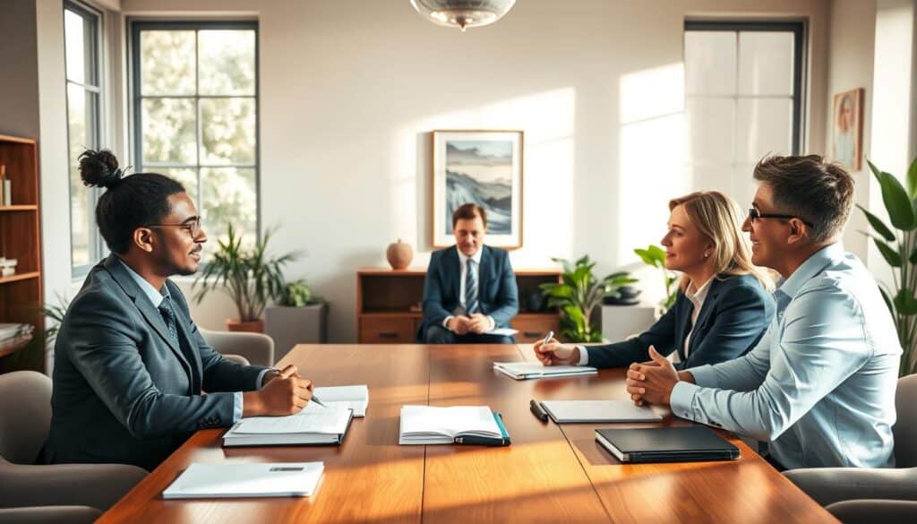 A serene mediation room, filled with warm, natural light filtering through large windows, casting gentle shadows on a wooden table. In the foreground, two diverse professionals in business attire engage in a serious yet collaborative discussion, surrounded by legal books and notepads. The middle ground features a neutral mediator, observing attentively while jotting down notes, emphasizing the process of alternative dispute resolution. The background shows calming artwork and green plants, enhancing the atmosphere of peace and understanding. Soft lighting creates a balanced, inviting environment that conveys professionalism and tranquility, symbolizing alternative methods for conflict resolution. The camera angle is slightly above eye level, giving a comprehensive view of the setting and participants. A serene mediation room, filled with warm, natural light filtering through large windows, casting gentle shadows on a wooden table. In the foreground, two diverse professionals in business attire engage in a serious yet collaborative discussion, surrounded by legal books and notepads. The middle ground features a neutral mediator, observing attentively while jotting down notes, emphasizing the process of alternative dispute resolution. The background shows calming artwork and green plants, enhancing the atmosphere of peace and understanding. Soft lighting creates a balanced, inviting environment that conveys professionalism and tranquility, symbolizing alternative methods for conflict resolution. The camera angle is slightly above eye level, giving a comprehensive view of the setting and participants.