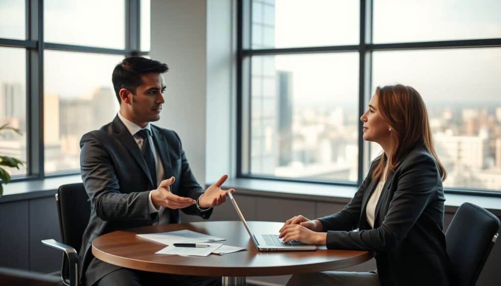 A serene mediation scene depicting a professional negotiation between an insurance representative and a client in a modern office setting. In the foreground, a male insurance agent in a tailored suit gestures thoughtfully, while the female client in smart casual attire looks engaged and contemplative. In the middle ground, a round conference table holds documents and a laptop, symbolizing the mediation process. The background features large windows with natural light pouring in, showcasing a view of a cityscape. The mood is calm and collaborative, with soft, warm lighting enhancing the professional atmosphere. The angle captures both participants’ expressions, conveying a sense of trust and understanding in the discussion.