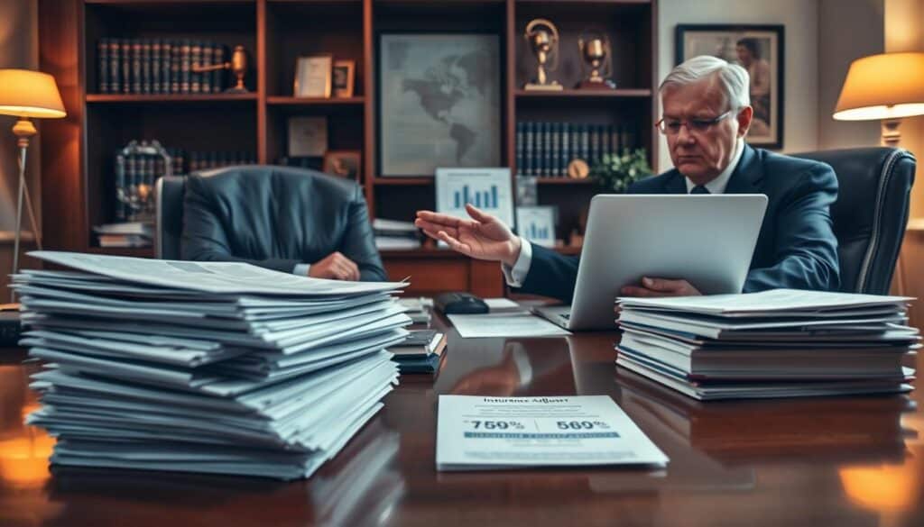 A somber office scene depicting a meeting between a concerned individual in professional attire and a sympathetic insurance adjuster, seated at a polished wooden desk cluttered with documents related to accident compensation. In the foreground, a detailed stack of paperwork, including accident reports and compensation forms, reflects the weight of the discussion. In the middle, the adjuster gestures towards a laptop displaying graphs and statistics on compensation claims, indicating the seriousness of the undervalued settlement issue. The background showcases a softly lit office environment with shelves filled with legal books and awards, enhancing the atmosphere of professionalism and gravity. Use warm, ambient lighting to evoke a sense of urgency and importance, captured from a slightly elevated angle for a dynamic perspective. A somber office scene depicting a meeting between a concerned individual in professional attire and a sympathetic insurance adjuster, seated at a polished wooden desk cluttered with documents related to accident compensation. In the foreground, a detailed stack of paperwork, including accident reports and compensation forms, reflects the weight of the discussion. In the middle, the adjuster gestures towards a laptop displaying graphs and statistics on compensation claims, indicating the seriousness of the undervalued settlement issue. The background showcases a softly lit office environment with shelves filled with legal books and awards, enhancing the atmosphere of professionalism and gravity. Use warm, ambient lighting to evoke a sense of urgency and importance, captured from a slightly elevated angle for a dynamic perspective.