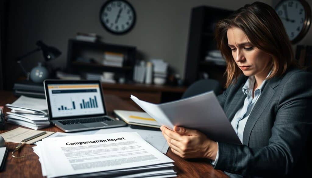 A somber office setting showcasing a cluttered desk with a stack of paperwork, including insurance forms and a calculator, symbolizing the process of dealing with reduced compensation amounts. In the foreground, a professional looking person in business attire, with a concerned expression, examines a document labeled "Compensation Report." The middle ground features an open laptop displaying charts and figures related to financial analysis. In the background, a dimly lit office space with a clock showing late hours, emphasizing a sense of urgency and stress in navigating insurance claims. Soft, diffused lighting casts gentle shadows, creating a serious and contemplative atmosphere, while the overall composition suggests a focus on the challenges of obtaining fair compensation. A somber office setting showcasing a cluttered desk with a stack of paperwork, including insurance forms and a calculator, symbolizing the process of dealing with reduced compensation amounts. In the foreground, a professional looking person in business attire, with a concerned expression, examines a document labeled "Compensation Report." The middle ground features an open laptop displaying charts and figures related to financial analysis. In the background, a dimly lit office space with a clock showing late hours, emphasizing a sense of urgency and stress in navigating insurance claims. Soft, diffused lighting casts gentle shadows, creating a serious and contemplative atmosphere, while the overall composition suggests a focus on the challenges of obtaining fair compensation.