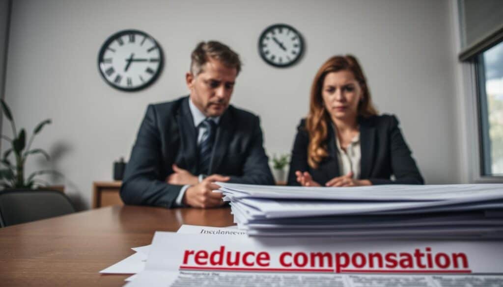 A somber office setting where two professionals, a man and a woman dressed in business attire, analyze a stack of insurance documents on a conference table. In the foreground, close-up on the papers showing the words "reduced compensation" highlighted in red. The middle ground features the concerned expressions on the faces of the professionals, deepening the mood of tension and worry. The background reveals a wall clock ticking, indicating the pressure of time, and a window showing a gloomy sky to reflect the seriousness of the topic. Soft, diffused lighting casts long shadows, creating an atmosphere of urgency. The overall composition conveys the critical implications of insufficient compensation following an accident. A somber office setting where two professionals, a man and a woman dressed in business attire, analyze a stack of insurance documents on a conference table. In the foreground, close-up on the papers showing the words "reduced compensation" highlighted in red. The middle ground features the concerned expressions on the faces of the professionals, deepening the mood of tension and worry. The background reveals a wall clock ticking, indicating the pressure of time, and a window showing a gloomy sky to reflect the seriousness of the topic. Soft, diffused lighting casts long shadows, creating an atmosphere of urgency. The overall composition conveys the critical implications of insufficient compensation following an accident.