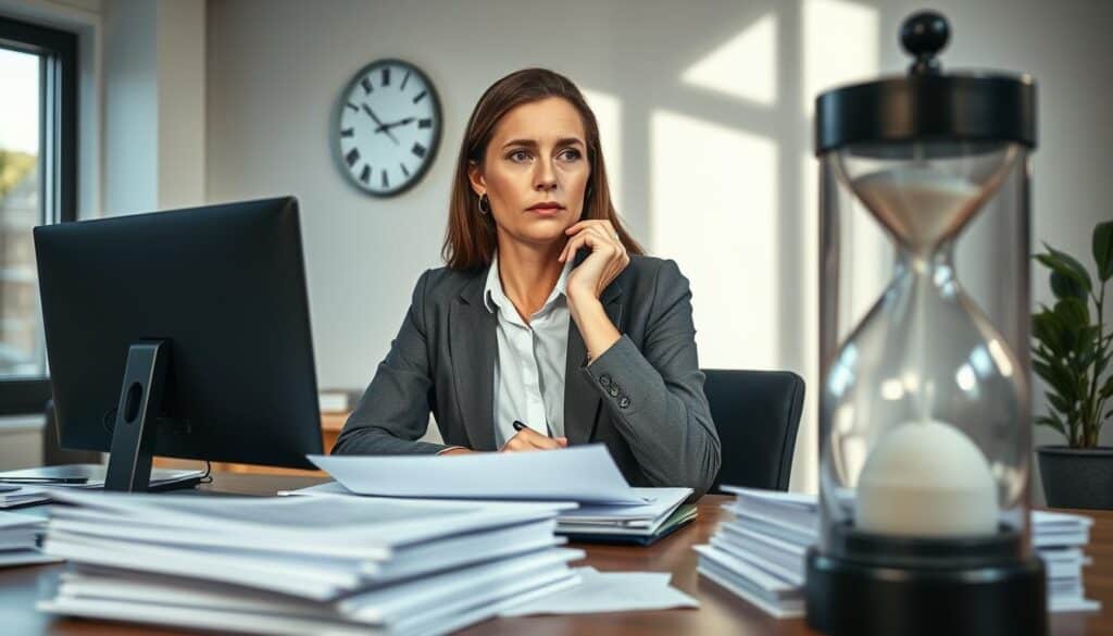 A thoughtful professional setting showing a businesswoman in professional attire sitting at a desk, deeply focused on her work. She has an expression of contemplation while reviewing documents related to insurance claims. In the foreground, there are stacks of paperwork and a computer screen displaying a loading symbol, symbolizing the waiting period. The middle ground features a wall clock showing an hourglass motif, suggesting the passage of time. The background reveals a modern office with soft lighting, enhancing a calm, introspective atmosphere. Natural light filters in through a window, casting gentle shadows. The overall mood is one of patience amid complexity, emphasizing the theme of waiting for an insurance decision.