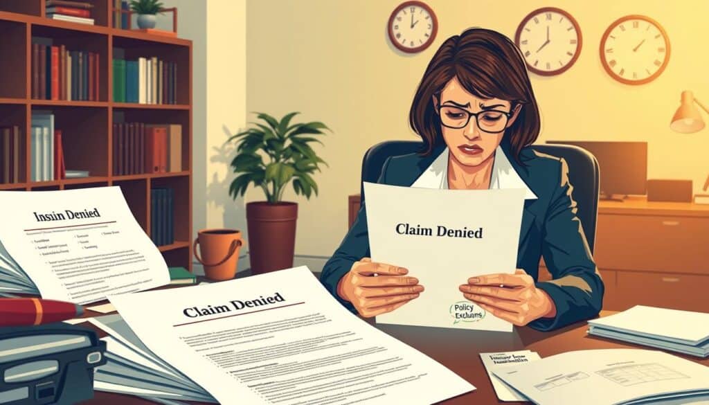 A visually compelling illustration depicting the concept of "denial of compensation" related to insurance claims. In the foreground, showcase a frustrated businesswoman in professional attire, sitting at a cluttered desk, her expression conveying confusion and disappointment, as she reviews a letter with the bold words "Claim Denied" visible. In the middle ground, include a large document labeled "Insurance Policy," with small diagrams highlighting common reasons for denial, such as "Incomplete Information" and "Policy Exclusions." The background should consist of a softly lit office environment with bookshelves, a potted plant, and a wall clock, suggesting a serious yet contemplative mood. Use warm lighting to create a somber atmosphere, capturing the emotional weight of the subject matter.
