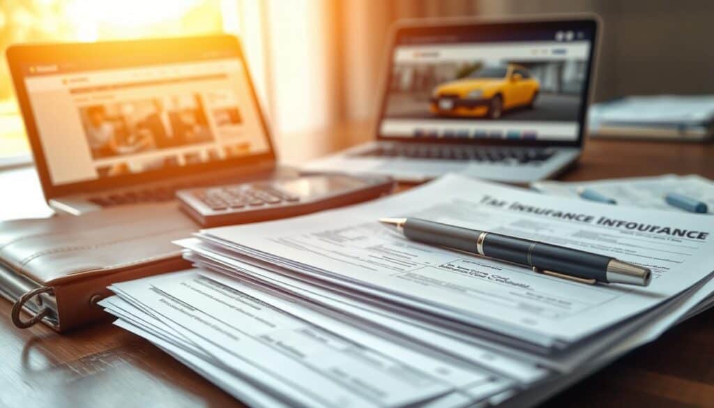A well-organized desk scene depicting essential documents needed for filing an insurance claim after a car collision. In the foreground, display a neatly arranged stack of papers including insurance forms, accident reports, and identification documents, all in crisp detail. In the middle, include a professional-looking calculator and a pen atop a leather-bound organizer. The background features a blurred image of a laptop with a car accident website open, subtly hinting at online research. Bright, natural lighting illuminates the scene from a nearby window, casting soft shadows for depth. The overall atmosphere is serious yet organized, evoking a sense of professionalism and diligence in preparing for a claim.