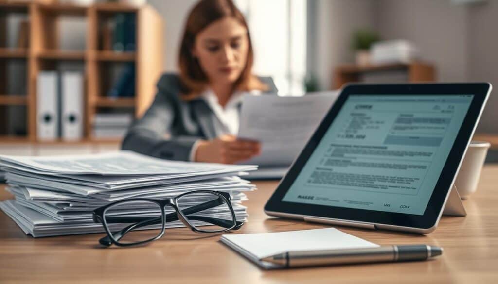 A well-organized desk scene depicting essential documents required for verification of a low compensation claim, featuring a neatly arranged stack of papers, including insurance forms and identification documents, along with a sleek tablet displaying related information. In the foreground, a pair of professional reading glasses rests beside a pen and a fresh notepad. The middle ground shows a focused individual, a woman in professional attire, intently reviewing the documents under soft, warm lighting that creates an inviting atmosphere. The background features a subtle hint of a modern office setup, with a blurred out bookshelf and a small potted plant, suggesting a professional yet cozy environment. The overall mood is serious and determined, reflecting the importance of the verification process. A well-organized desk scene depicting essential documents required for verification of a low compensation claim, featuring a neatly arranged stack of papers, including insurance forms and identification documents, along with a sleek tablet displaying related information. In the foreground, a pair of professional reading glasses rests beside a pen and a fresh notepad. The middle ground shows a focused individual, a woman in professional attire, intently reviewing the documents under soft, warm lighting that creates an inviting atmosphere. The background features a subtle hint of a modern office setup, with a blurred out bookshelf and a small potted plant, suggesting a professional yet cozy environment. The overall mood is serious and determined, reflecting the importance of the verification process.