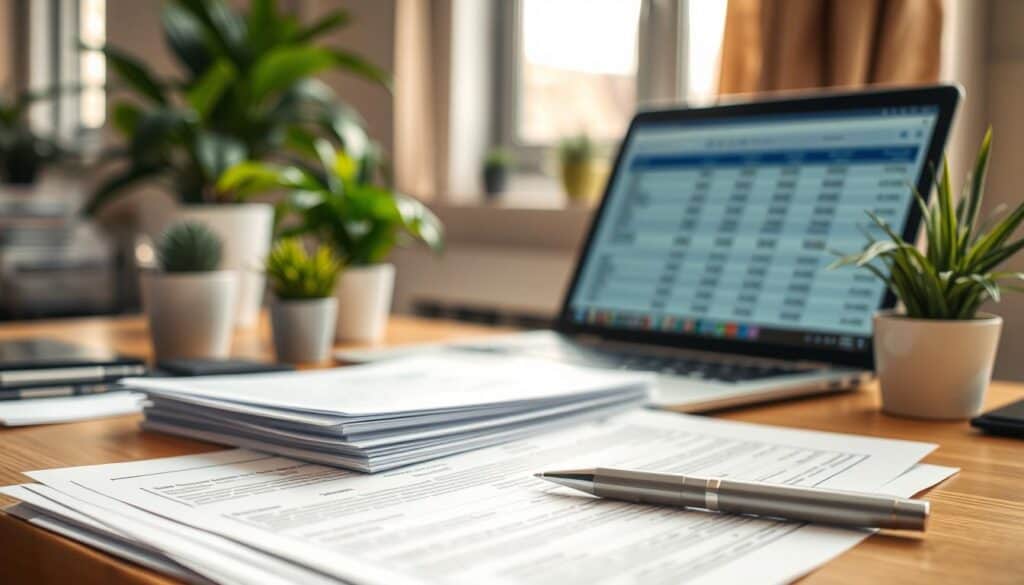 A well-organized desk scene illustrating the essential documents needed for filing an insurance claim, with a focus on clarity and professionalism. In the foreground, a neatly arranged stack of papers, including forms and a pen, is prominently displayed. In the middle, a laptop shows a partially visible screen with a visible spreadsheet of expenses. In the background, soft-focus office decor featuring plants and a window with natural light pouring in creates a warm ambiance. The composition uses warm lighting to enhance the inviting mood. The scene captures a sense of preparedness and attention to detail, reflecting a responsible approach to handling insurance claims.