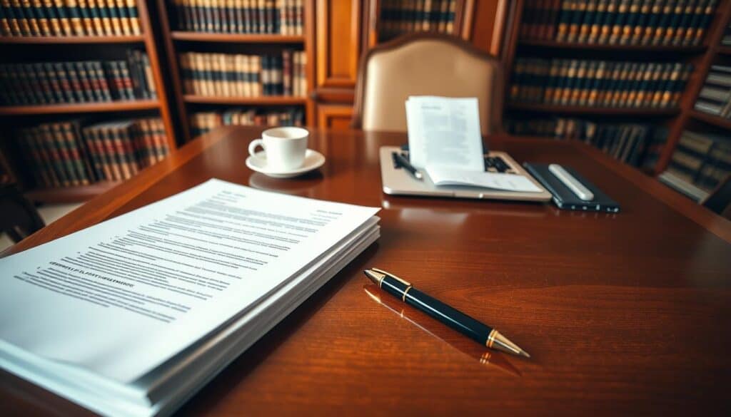 A well-organized desk scene showcasing essential documents needed for an appeal, including a stack of paperwork, an official letter, and a pen, all neatly arranged. In the foreground, place a close-up of the documents with visible headings and bullet points, suggesting their importance. The middle ground features an elegant wooden desk, complemented by a laptop and a coffee cup, indicating a working environment. In the background, softly blurred bookshelves filled with law books create a professional atmosphere. Use warm, natural lighting to convey a sense of clarity and focus, while the angle is slightly overhead to capture the arrangement effectively. The mood should be serious yet inviting, emphasizing the importance of the documentation process. A well-organized desk scene showcasing essential documents needed for an appeal, including a stack of paperwork, an official letter, and a pen, all neatly arranged. In the foreground, place a close-up of the documents with visible headings and bullet points, suggesting their importance. The middle ground features an elegant wooden desk, complemented by a laptop and a coffee cup, indicating a working environment. In the background, softly blurred bookshelves filled with law books create a professional atmosphere. Use warm, natural lighting to convey a sense of clarity and focus, while the angle is slightly overhead to capture the arrangement effectively. The mood should be serious yet inviting, emphasizing the importance of the documentation process.