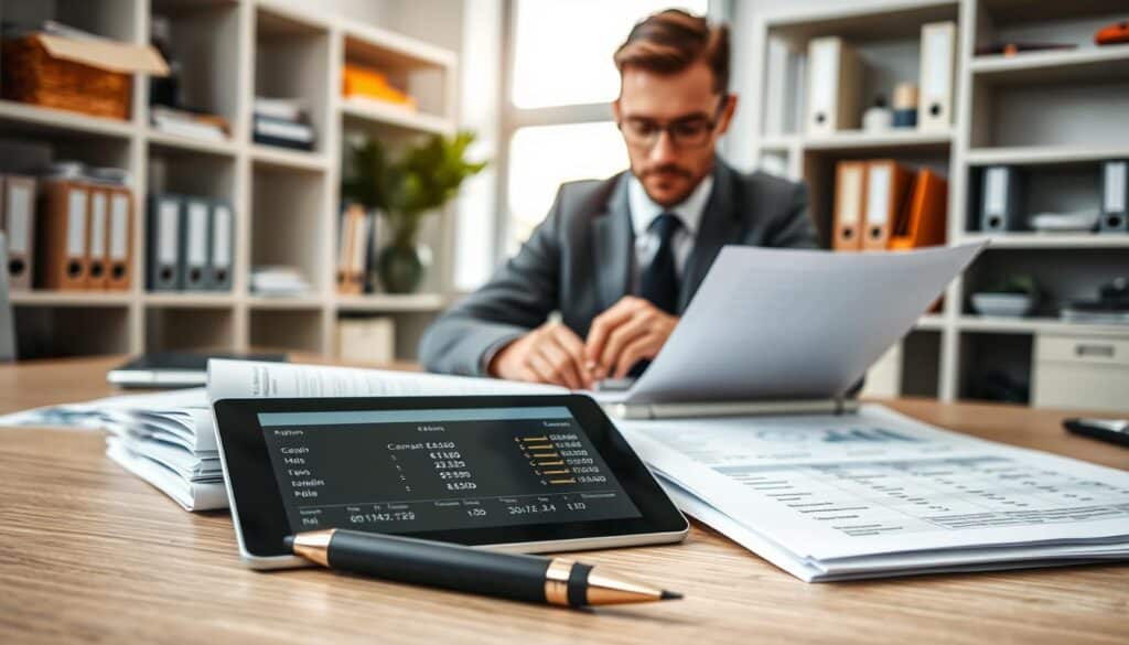 A well-organized office desk scene showcasing essential documents needed to determine compensation amounts. In the foreground, there are neatly stacked papers, including a claims form, a vehicle assessment report, and a digital tablet displaying relevant data. A sleek pen lies beside the documents, emphasizing the importance of precision. In the middle, a close-up of a business professional in smart attire, analyzing the papers with a focused expression, is captured. The background features shelves filled with files and a soft-focus window allowing natural light to flood the room, creating a calm and professional atmosphere. The scene conveys diligence and clarity, ideal for illustrating the documentation process in a financial context. A well-organized office desk scene showcasing essential documents needed to determine compensation amounts. In the foreground, there are neatly stacked papers, including a claims form, a vehicle assessment report, and a digital tablet displaying relevant data. A sleek pen lies beside the documents, emphasizing the importance of precision. In the middle, a close-up of a business professional in smart attire, analyzing the papers with a focused expression, is captured. The background features shelves filled with files and a soft-focus window allowing natural light to flood the room, creating a calm and professional atmosphere. The scene conveys diligence and clarity, ideal for illustrating the documentation process in a financial context.