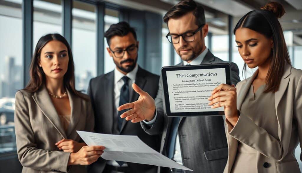 An elegant, professional office scene focusing on a diverse group of business individuals discussing insurance claims and compensation. In the foreground, a thoughtful woman in a tailored suit is examining legal documents, her expression serious yet engaged. In the middle, a man in glasses gestures towards a digital tablet displaying legal information on compensation laws, emphasizing clarity and professionalism. The background features a sleek office with large windows letting in natural light, showcasing a city skyline. The atmosphere is one of collaboration and determination, emphasizing the importance of understanding legal rights regarding compensation. The lighting is bright and inviting, with a slight soft focus on the background to draw attention to the subjects. An elegant, professional office scene focusing on a diverse group of business individuals discussing insurance claims and compensation. In the foreground, a thoughtful woman in a tailored suit is examining legal documents, her expression serious yet engaged. In the middle, a man in glasses gestures towards a digital tablet displaying legal information on compensation laws, emphasizing clarity and professionalism. The background features a sleek office with large windows letting in natural light, showcasing a city skyline. The atmosphere is one of collaboration and determination, emphasizing the importance of understanding legal rights regarding compensation. The lighting is bright and inviting, with a slight soft focus on the background to draw attention to the subjects.