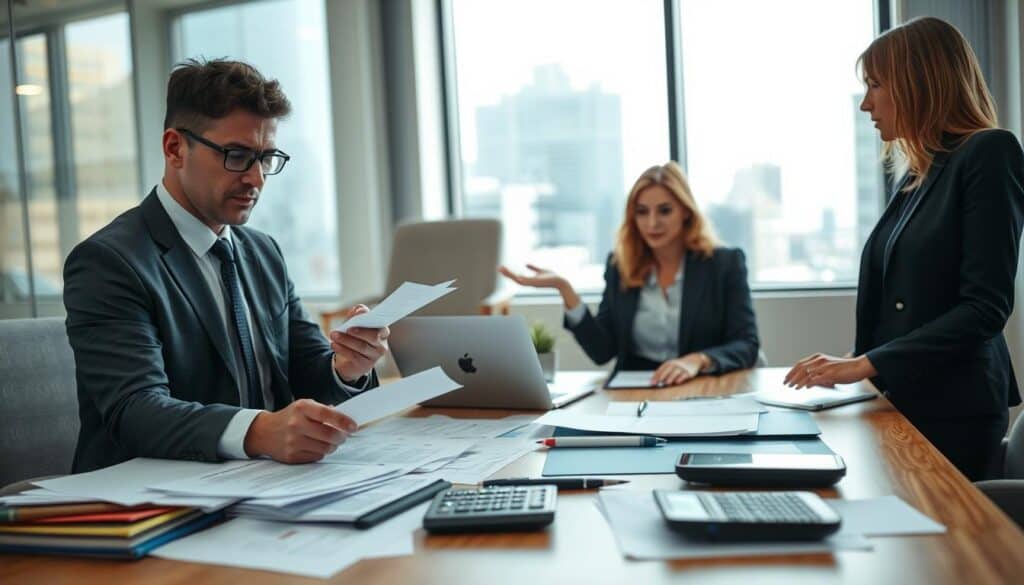 An office setting showcasing a professional conversation about insurance compensation. In the foreground, a focused man in a business suit examines paperwork, looking puzzled, while a woman in smart business attire gestures, explaining something. In the middle, a large table is cluttered with documents, a laptop, and a calculator, emphasizing the complexity of insurance claims. In the background, a large window provides natural light, casting a bright atmosphere, with cityscape views blurred. The overall mood is tense yet hopeful, reflecting the frustration and urgency of navigating insurance compensation issues, highlighting the challenges in getting the compensation amount right. An office setting showcasing a professional conversation about insurance compensation. In the foreground, a focused man in a business suit examines paperwork, looking puzzled, while a woman in smart business attire gestures, explaining something. In the middle, a large table is cluttered with documents, a laptop, and a calculator, emphasizing the complexity of insurance claims. In the background, a large window provides natural light, casting a bright atmosphere, with cityscape views blurred. The overall mood is tense yet hopeful, reflecting the frustration and urgency of navigating insurance compensation issues, highlighting the challenges in getting the compensation amount right.