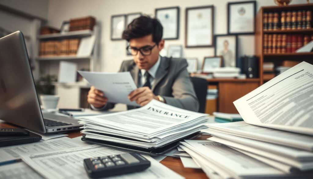 An organized workspace featuring essential documents for verification, such as insurance papers, accident reports, and identification forms. In the foreground, a cluttered desk with neatly stacked papers, a calculator, and a laptop displaying a blurred spreadsheet. The middle section includes a focused individual in business attire, reviewing the documents, emphasizing concentration and professionalism. The background subtly shows a well-lit office with shelves filled with legal books and framed certifications. Soft, natural lighting casts gentle shadows, creating a calm and serious atmosphere that conveys the importance of proper documentation. The angle is slightly overhead, allowing the viewer to see both the subject and the paperwork clearly. An organized workspace featuring essential documents for verification, such as insurance papers, accident reports, and identification forms. In the foreground, a cluttered desk with neatly stacked papers, a calculator, and a laptop displaying a blurred spreadsheet. The middle section includes a focused individual in business attire, reviewing the documents, emphasizing concentration and professionalism. The background subtly shows a well-lit office with shelves filled with legal books and framed certifications. Soft, natural lighting casts gentle shadows, creating a calm and serious atmosphere that conveys the importance of proper documentation. The angle is slightly overhead, allowing the viewer to see both the subject and the paperwork clearly.