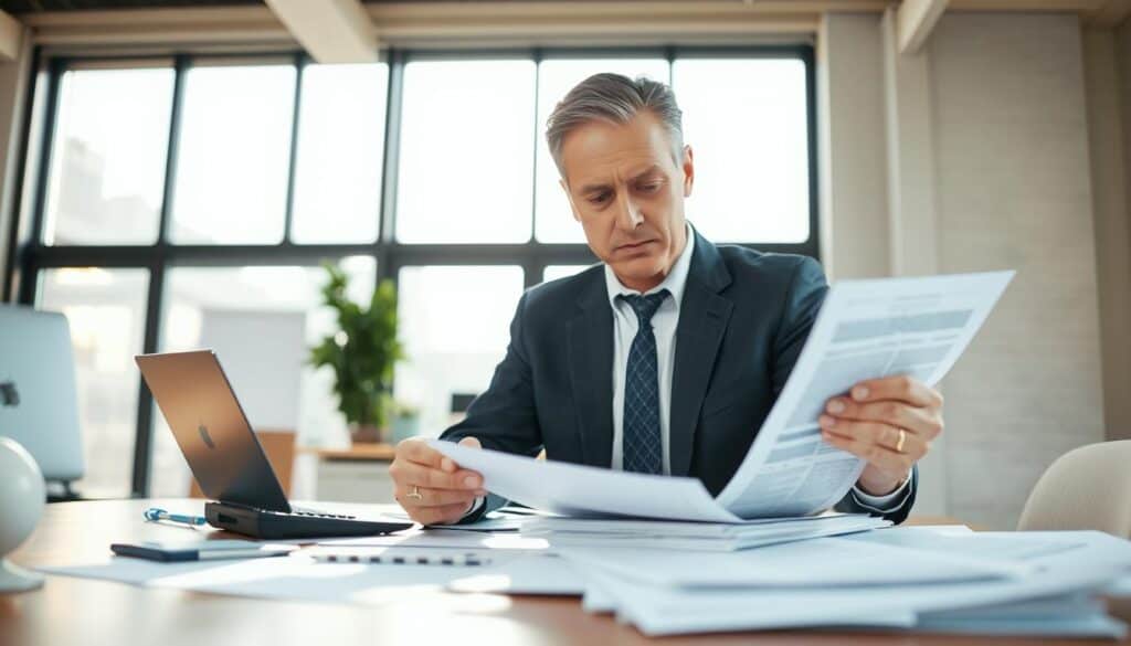 In a well-lit, modern office environment, a professional in business attire examines a stack of documents related to an insurance claim. The foreground focuses on the individual, a middle-aged male, with a thoughtful expression as he reviews the papers meticulously. In the middle ground, a desk cluttered with files, a calculator, and a laptop reflects the complexity of the claims process. The background features a large window with sunlight streaming in, creating a warm, inviting atmosphere. Subtle shadows enhance the depth of the scene, while a soft focus on the background elements emphasizes the urgency of the claims process. The overall mood conveys diligence and professionalism, capturing the essence of the length and seriousness of the claims process. In a well-lit, modern office environment, a professional in business attire examines a stack of documents related to an insurance claim. The foreground focuses on the individual, a middle-aged male, with a thoughtful expression as he reviews the papers meticulously. In the middle ground, a desk cluttered with files, a calculator, and a laptop reflects the complexity of the claims process. The background features a large window with sunlight streaming in, creating a warm, inviting atmosphere. Subtle shadows enhance the depth of the scene, while a soft focus on the background elements emphasizes the urgency of the claims process. The overall mood conveys diligence and professionalism, capturing the essence of the length and seriousness of the claims process.