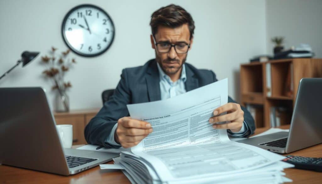 A business professional, wearing smart casual attire, sits at a desk cluttered with documents and a laptop, looking concerned as they examine a stack of insurance claim forms. In the foreground, a focused expression is captured, highlighting the tension over the potential issue of undercompensation. In the middle background, a wall clock indicates the passing time, enhancing the urgency. The lighting is soft yet clear, emphasizing the seriousness of the situation. The workspace is cozy but has an air of tension, with items like a coffee mug and a calculator subtly integrated to suggest a busy day spent evaluating the details. The overall mood feels contemplative yet determined, reflecting the quest for justice in insurance claims. A business professional, wearing smart casual attire, sits at a desk cluttered with documents and a laptop, looking concerned as they examine a stack of insurance claim forms. In the foreground, a focused expression is captured, highlighting the tension over the potential issue of undercompensation. In the middle background, a wall clock indicates the passing time, enhancing the urgency. The lighting is soft yet clear, emphasizing the seriousness of the situation. The workspace is cozy but has an air of tension, with items like a coffee mug and a calculator subtly integrated to suggest a busy day spent evaluating the details. The overall mood feels contemplative yet determined, reflecting the quest for justice in insurance claims.
