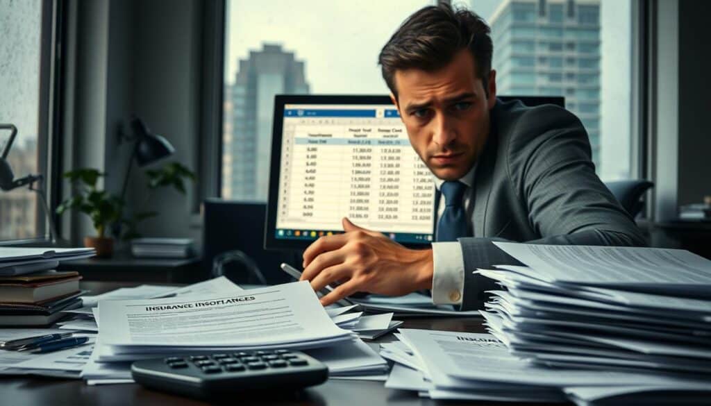 A close-up of a frustrated person in professional attire sitting at a desk cluttered with paperwork, including insurance claims and damage assessments. The foreground features a calculator and a mounting stack of documents highlighting underpaid compensation claims. In the middle, a computer screen displays a spreadsheet with insufficient settlement amounts, emphasizing the theme of inadequate compensation. The background shows a dimly lit office with a window overlooking a rainy cityscape, creating a somber and tense atmosphere. Soft, diffuse lighting casts shadows that highlight the person's worried expression, conveying stress and disappointment. The overall mood reflects the struggle and frustration of dealing with unreasonably low insurance settlements.