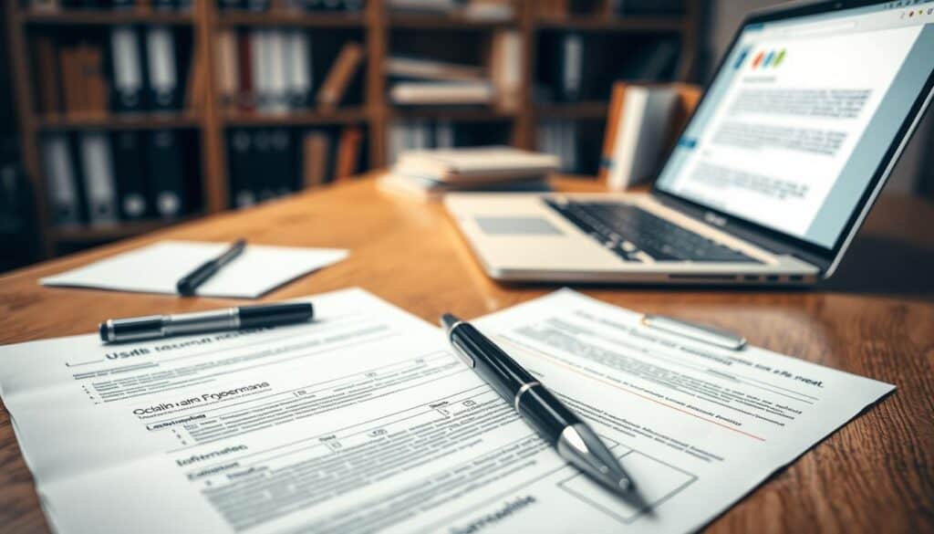 A close-up view of a neat, organized workspace featuring essential documents for filing a complaint, titled "dokumenty do reklamacji." In the foreground, various forms such as a claims form, proof of purchase, and identification documents are displayed on a wooden desk, subtly illuminated by soft, warm lighting. An elegant pen lies next to the documents, enhancing the professional atmosphere. In the middle ground, a laptop showcases an opened email draft, suggesting ongoing communication with the insurance company. In the background, there are blurred shelves filled with books and files, creating a sense of depth and a dedicated work environment. The overall mood is one of professionalism and focus, emphasizing the importance of thorough preparation for claims submission. A close-up view of a neat, organized workspace featuring essential documents for filing a complaint, titled "dokumenty do reklamacji." In the foreground, various forms such as a claims form, proof of purchase, and identification documents are displayed on a wooden desk, subtly illuminated by soft, warm lighting. An elegant pen lies next to the documents, enhancing the professional atmosphere. In the middle ground, a laptop showcases an opened email draft, suggesting ongoing communication with the insurance company. In the background, there are blurred shelves filled with books and files, creating a sense of depth and a dedicated work environment. The overall mood is one of professionalism and focus, emphasizing the importance of thorough preparation for claims submission.