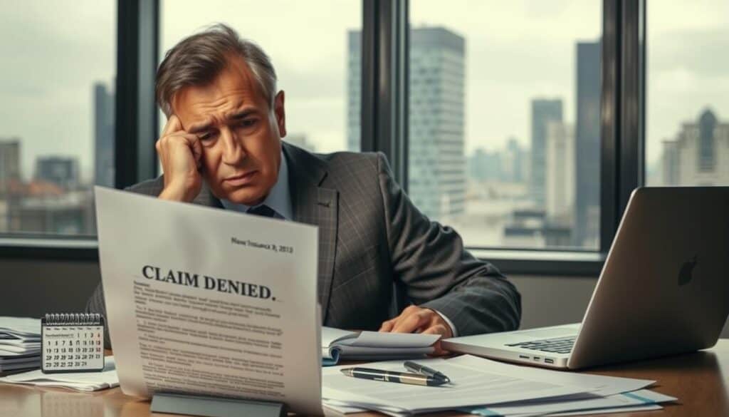 A concerned middle-aged person in a professional business attire, seated at a desk cluttered with insurance documents and a laptop, their expression reflecting anxiety as they examine a letter of claim denial. In the foreground, a close-up of the letter shows the phrase "Claim Denied," emphasizing the issue. The middle layer features a calendar and a pen, indicating urgency to take action against the insurer. In the background, a large window reveals a gloomy cityscape, symbolizing challenges ahead. Soft, diffused lighting highlights the person's face, creating a tense yet focused atmosphere. The image emphasizes determination and urgency in navigating the insurance claim process without any text, ensuring a clear visual narrative. A concerned middle-aged person in a professional business attire, seated at a desk cluttered with insurance documents and a laptop, their expression reflecting anxiety as they examine a letter of claim denial. In the foreground, a close-up of the letter shows the phrase "Claim Denied," emphasizing the issue. The middle layer features a calendar and a pen, indicating urgency to take action against the insurer. In the background, a large window reveals a gloomy cityscape, symbolizing challenges ahead. Soft, diffused lighting highlights the person's face, creating a tense yet focused atmosphere. The image emphasizes determination and urgency in navigating the insurance claim process without any text, ensuring a clear visual narrative.