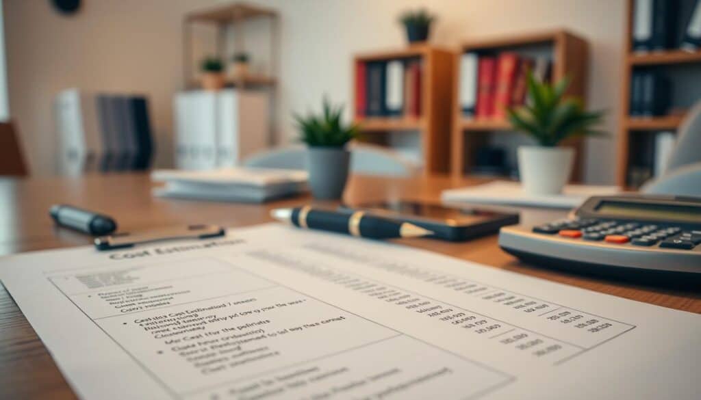 A detailed close-up view of a professional cost estimation document laid out on a sleek wooden desk. In the foreground, emphasize a meticulously organized kosztorys with typed sections and bullet points, showcasing detailed calculations. The middle ground features a fountain pen and a calculator, symbolizing professionalism and precision. In the background, softly blurred office elements, such as bookshelves and a potted plant, convey a sense of a dedicated work environment. The lighting is warm and inviting, creating a reassuring atmosphere. The image should capture the essence of thoroughness and reliability in cost assessment without any text, ensuring a clear focus on the cost estimation document and its components. A detailed close-up view of a professional cost estimation document laid out on a sleek wooden desk. In the foreground, emphasize a meticulously organized kosztorys with typed sections and bullet points, showcasing detailed calculations. The middle ground features a fountain pen and a calculator, symbolizing professionalism and precision. In the background, softly blurred office elements, such as bookshelves and a potted plant, convey a sense of a dedicated work environment. The lighting is warm and inviting, creating a reassuring atmosphere. The image should capture the essence of thoroughness and reliability in cost assessment without any text, ensuring a clear focus on the cost estimation document and its components.