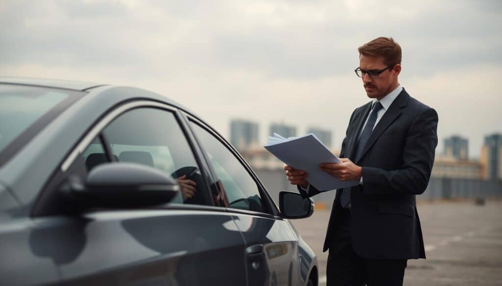 A detailed scene depicting an insurance adjuster examining a vehicle after an accident, symbolizing "underestimated compensation for damages." In the foreground, the adjuster, wearing a professional business attire, is analyzing documents on a clipboard next to a slightly damaged car. The middle ground features the car's exterior with visible, but minor, dents and scratches, suggesting that the damages might be considered less severe than they are. In the background, a somber urban environment, with a gray sky and distant buildings, enhances the mood of uncertainty and concern. Soft, diffused lighting casts natural shadows, creating a realistic ambiance. The angle is slightly elevated, giving a comprehensive view of the scene while focusing on the interaction between the adjuster and the vehicle. A detailed scene depicting an insurance adjuster examining a vehicle after an accident, symbolizing "underestimated compensation for damages." In the foreground, the adjuster, wearing a professional business attire, is analyzing documents on a clipboard next to a slightly damaged car. The middle ground features the car's exterior with visible, but minor, dents and scratches, suggesting that the damages might be considered less severe than they are. In the background, a somber urban environment, with a gray sky and distant buildings, enhances the mood of uncertainty and concern. Soft, diffused lighting casts natural shadows, creating a realistic ambiance. The angle is slightly elevated, giving a comprehensive view of the scene while focusing on the interaction between the adjuster and the vehicle.
