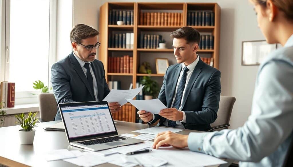 A modern legal office scene focused on a law consultancy for compensation claims. In the foreground, a professional lawyer in a tailored suit is discussing documents with a concerned client, both appearing engaged and serious. The middle ground features a sleek desk cluttered with legal papers, a laptop displaying a spreadsheet with numbers, and a small potted plant for a touch of warmth. The background shows shelves filled with law books, a framed certificate, and a large window letting in soft natural light, creating a calm atmosphere. The overall mood is one of professionalism and trust, with a focus on sensitive legal discussions. The image should have a clear, well-lit appearance, shot from an angle that emphasizes the lawyer-client interaction without distractions. A modern legal office scene focused on a law consultancy for compensation claims. In the foreground, a professional lawyer in a tailored suit is discussing documents with a concerned client, both appearing engaged and serious. The middle ground features a sleek desk cluttered with legal papers, a laptop displaying a spreadsheet with numbers, and a small potted plant for a touch of warmth. The background shows shelves filled with law books, a framed certificate, and a large window letting in soft natural light, creating a calm atmosphere. The overall mood is one of professionalism and trust, with a focus on sensitive legal discussions. The image should have a clear, well-lit appearance, shot from an angle that emphasizes the lawyer-client interaction without distractions.