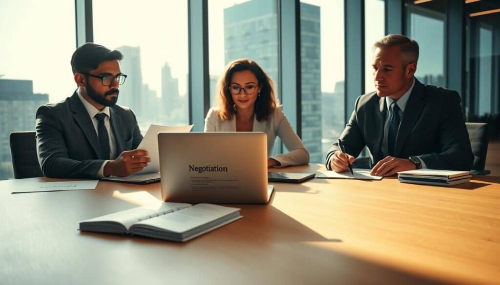 A modern office setting with a large conference table in the foreground. A diverse group of three professionals in business attire, focused and engaged in discussion, one person holding documents while the others actively listen and take notes. In the middle, a laptop displaying negotiation points is opened beside a notepad filled with written strategies. The background features a large window with natural light pouring in, casting soft shadows across the room. A sleek cityscape can be seen outside, symbolizing the importance of the negotiation. The atmosphere is tense yet collaborative, highlighting the seriousness and professionalism of preparation for negotiation. Use soft, warm lighting to create an inviting yet focused mood, captured at a slight angle to emphasize interaction.