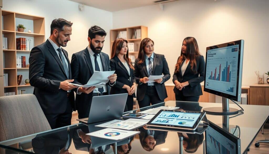 A professional and clean office environment depicting the process of verifying an insurance compensation claim. In the foreground, a diverse group of business professionals in formal attire, engaged in a discussion. One person is examining a document closely, while another points to a computer screen displaying graphs and data. In the middle ground, a modern glass table with documents, a laptop, and a digital tablet showing charts related to insurance claims. The background features a well-lit office space with shelves and books on insurance law, giving a sense of professionalism and expertise. Soft, warm lighting enhances a collaborative and focused atmosphere, shot from a slightly elevated angle for depth.