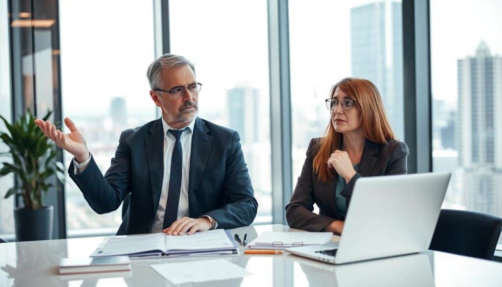 A professional and polished office environment with a confident expert consulting with a concerned client about car accident compensation. In the foreground, a middle-aged male expert, dressed in a smart suit, gestures towards a document on the table, illustrating key points about maximizing compensation. The client, a woman in her thirties, appears engaged and attentive, wearing modest professional attire. In the middle ground, a sleek desk with industry-related materials and a laptop creating a productive atmosphere. The background features a modern office with a cityscape view through large windows, allowing natural light to flood the scene, enhancing the feeling of transparency and trust. The overall mood is one of professionalism and reassurance, conveying the importance of expert consultations in the claims process.