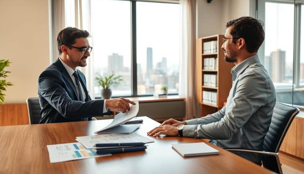 A professional and serene office environment featuring a business expert consulting a client about vehicle compensation claims. In the foreground, the consultant, dressed in formal business attire, is pointing at charts and documents spread across a sleek wooden desk. The client, wearing smart casual clothing, looks engaged and attentive. In the middle, a large window with soft, natural light pouring in creates an inviting atmosphere, while a bookshelf filled with legal texts adds depth. In the background, a city skyline is visible through the window, suggesting a modern urban setting. The mood is focused and supportive, emphasizing trust and professionalism in the consultation process. The image should be sharply focused, with a slight depth of field effect to enhance the foreground elements and convey importance. A professional and serene office environment featuring a business expert consulting a client about vehicle compensation claims. In the foreground, the consultant, dressed in formal business attire, is pointing at charts and documents spread across a sleek wooden desk. The client, wearing smart casual clothing, looks engaged and attentive. In the middle, a large window with soft, natural light pouring in creates an inviting atmosphere, while a bookshelf filled with legal texts adds depth. In the background, a city skyline is visible through the window, suggesting a modern urban setting. The mood is focused and supportive, emphasizing trust and professionalism in the consultation process. The image should be sharply focused, with a slight depth of field effect to enhance the foreground elements and convey importance.
