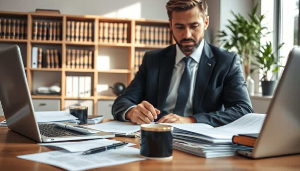 A professional attorney sitting at a modern desk, thoughtfully reviewing paperwork related to a car accident case. He is dressed in a tailored suit, exuding confidence and diligence. In the foreground, a close-up of a cluttered desk reveals legal documents, an open laptop, and a coffee cup. The middle ground features a large window letting in soft, natural light, casting gentle shadows and highlighting the details of the environment. The background shows a bookshelf filled with legal books and a potted plant, creating a balanced atmosphere. The mood is serious and focused, emphasizing the importance of understanding common mistakes made by claimants in accident compensation claims. The angle is slightly elevated, providing a comprehensive view of the scene while maintaining a professional tone.