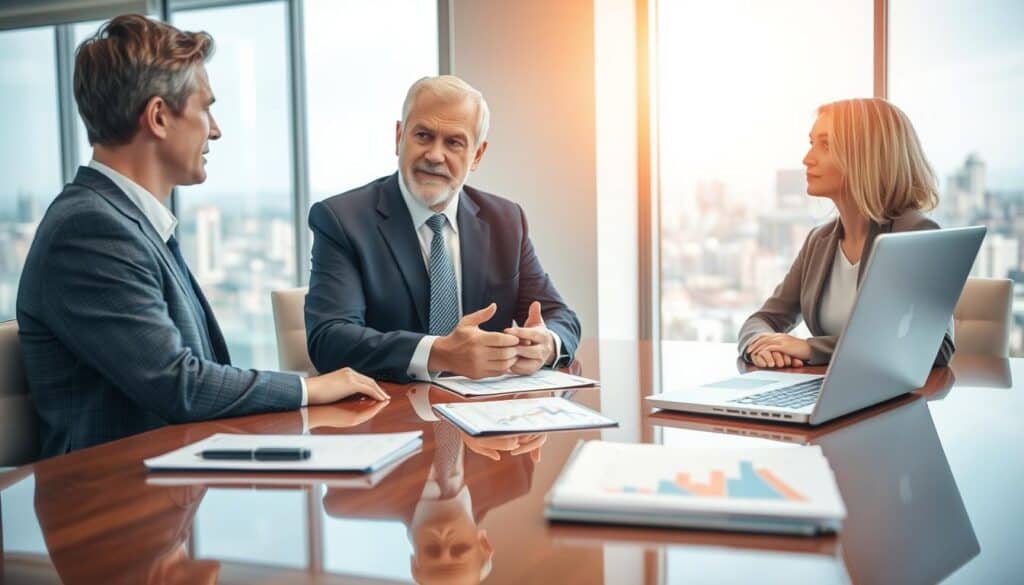 A professional business meeting scene depicting negotiations with an insurance representative. In the foreground, a middle-aged man in a suit is discussing with a woman, also in business attire, across a polished conference table, both appearing focused and engaged. The middle ground features a notepad filled with notes and a laptop opened with graphs, enhancing the negotiation atmosphere. In the background, a large window lets in soft, natural light, illuminating the room with a warm glow, and a cityscape can be seen outside, symbolizing the business environment. The overall mood should convey a serious yet collaborative atmosphere, emphasizing the importance of dialogue and alternative conflict resolution methods in insurance negotiations.