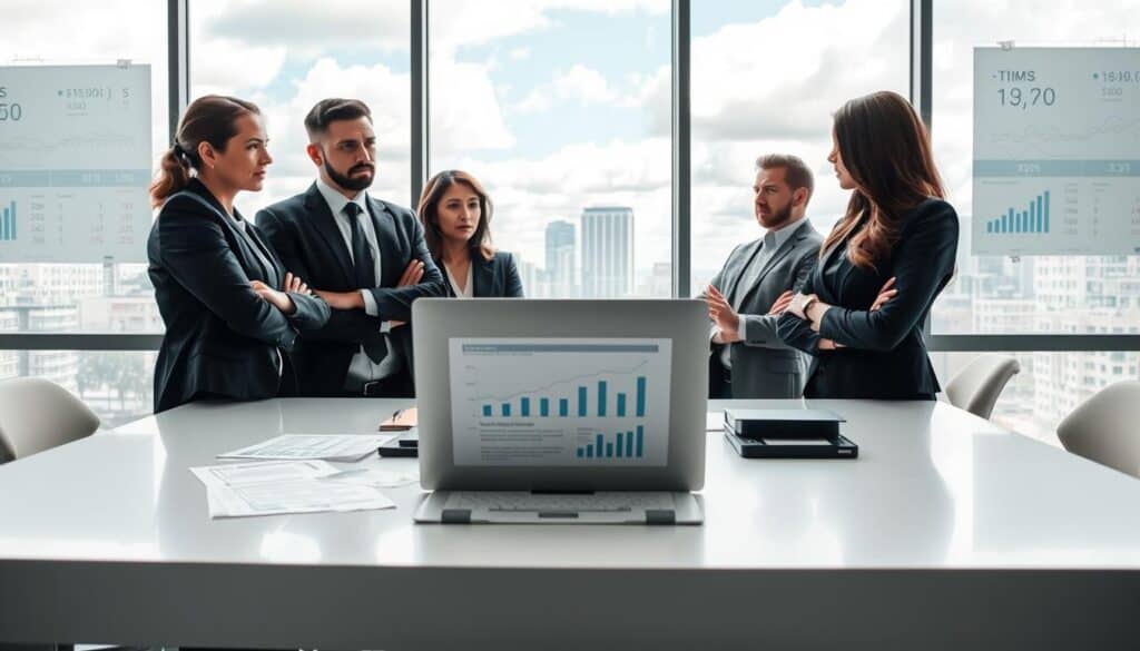 A professional business meeting scene set in a modern office environment. In the foreground, a diverse group of three professionals (two men and one woman), dressed in business attire, are gathered around a sleek table covered with documents and charts, expressing concern. In the middle, an open laptop displays a financial analysis report, while behind them, a large window reveals a cityscape with a partly cloudy sky. The lighting is bright and clear, capturing the seriousness of the discussion, reflecting a mood of tension and urgency. On the wall, graphs and numbers visually represent miscalculated damages, emphasizing the theme of insufficient claim assessment. The angle is slightly lower to give a sense of importance to the professionals gathered. A professional business meeting scene set in a modern office environment. In the foreground, a diverse group of three professionals (two men and one woman), dressed in business attire, are gathered around a sleek table covered with documents and charts, expressing concern. In the middle, an open laptop displays a financial analysis report, while behind them, a large window reveals a cityscape with a partly cloudy sky. The lighting is bright and clear, capturing the seriousness of the discussion, reflecting a mood of tension and urgency. On the wall, graphs and numbers visually represent miscalculated damages, emphasizing the theme of insufficient claim assessment. The angle is slightly lower to give a sense of importance to the professionals gathered.