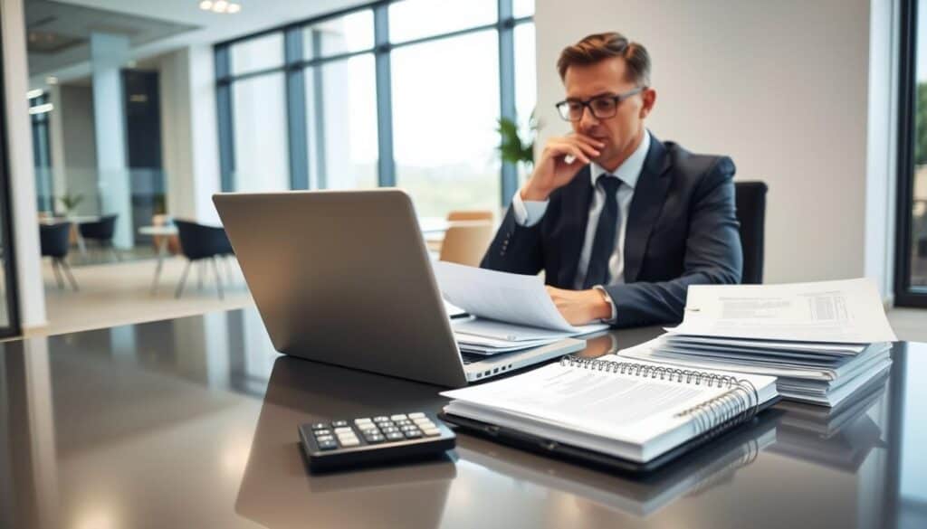 A professional consultant in business attire sits at a sleek modern desk, reviewing a stack of documents related to insurance claims. On the desk, there is a laptop displaying a claims portal, a calculator, and a notepad with handwritten notes. The foreground focuses on the consultant's thoughtful expression as they analyze the materials. In the middle ground, the desk is organized with neatly arranged papers, emphasizing the importance of accurate documentation for insurance consultations. The background shows a contemporary office space with large windows allowing natural light to flood in, creating a warm and inviting atmosphere. The lighting is soft and bright, suggesting clarity and professionalism, while the overall mood is focused and diligent, reflecting the serious nature of preparing for a consultation on compensation claims.