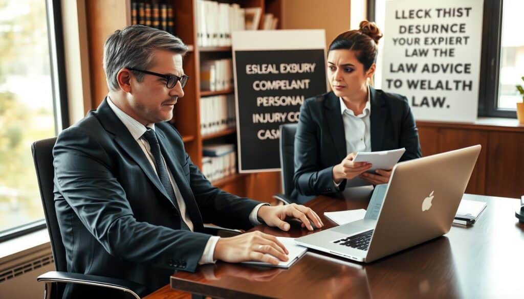 A professional consultant sitting at a well-organized office desk, engaged in a serious discussion with a client who looks concerned. The consultant, dressed in a tailored suit, gestures towards a laptop displaying a graphic of an insurance claim. The client, in business casual attire, listens intently, holding a notepad. The office has warm lighting from a large window, highlighting shelves filled with legal books and resources on personal injury law. In the background, a motivational poster emphasizes the importance of expert advice in challenging situations. The atmosphere is focused and professional, conveying trust and expertise in the field of compensation consulting. A professional consultant sitting at a well-organized office desk, engaged in a serious discussion with a client who looks concerned. The consultant, dressed in a tailored suit, gestures towards a laptop displaying a graphic of an insurance claim. The client, in business casual attire, listens intently, holding a notepad. The office has warm lighting from a large window, highlighting shelves filled with legal books and resources on personal injury law. In the background, a motivational poster emphasizes the importance of expert advice in challenging situations. The atmosphere is focused and professional, conveying trust and expertise in the field of compensation consulting.