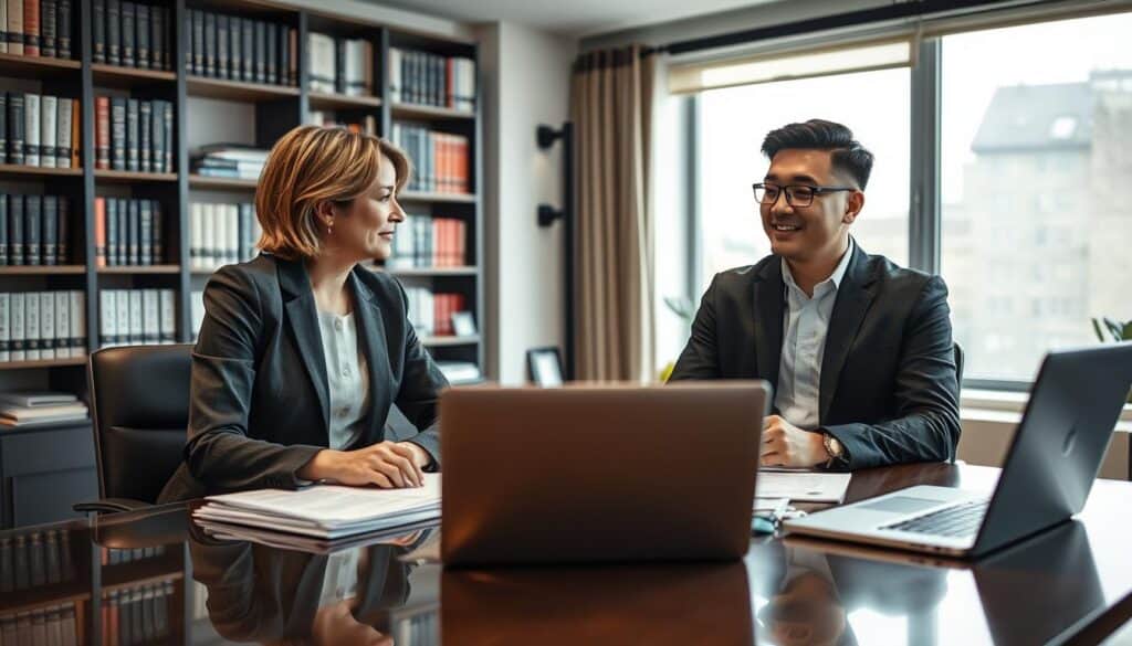 A professional consultation scene featuring a business expert and a client in an office setting. In the foreground, the expert, a middle-aged Caucasian woman in a smart blazer, is attentively listening to the client, a young Asian man in a collared shirt. They are seated across a sleek, modern desk cluttered with legal documents and a laptop. In the middle ground, a large window lets in soft, natural light, illuminating the room and creating a welcoming atmosphere. The background should show a bookshelf filled with reference materials related to legal and financial topics, contributing to the professional tone. The camera angle is slightly elevated, capturing both figures and the details of their engaged conversation, emphasizing an atmosphere of trust and expertise. A professional consultation scene featuring a business expert and a client in an office setting. In the foreground, the expert, a middle-aged Caucasian woman in a smart blazer, is attentively listening to the client, a young Asian man in a collared shirt. They are seated across a sleek, modern desk cluttered with legal documents and a laptop. In the middle ground, a large window lets in soft, natural light, illuminating the room and creating a welcoming atmosphere. The background should show a bookshelf filled with reference materials related to legal and financial topics, contributing to the professional tone. The camera angle is slightly elevated, capturing both figures and the details of their engaged conversation, emphasizing an atmosphere of trust and expertise.