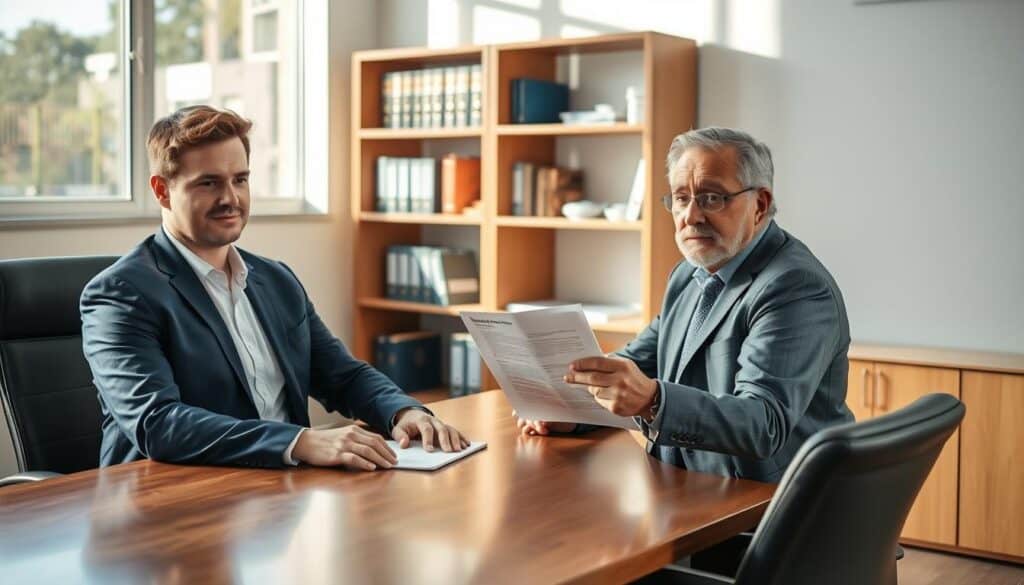 A professional consultation scene focused on road accident assistance, set in an office environment. In the foreground, a confident consultant with short brown hair, wearing a smart navy blue suit and a white shirt, sits at a polished wooden desk. They are engaged in a serious discussion with a client, a middle-aged man in business casual attire, showing concern while holding accident documentation. The middle section features a large window allowing soft natural light to illuminate the room, casting gentle shadows. Behind them, a bookshelf filled with legal books and accident recovery guides adds depth. The atmosphere is calm yet focused, conveying a sense of trust and professionalism. The image should be well-composed with a slight angle to enhance the perspective, achieving a documentary style.
