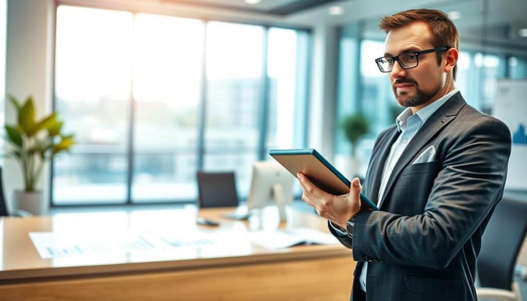 A professional image illustrating the role of MOTOEXPERT in evaluating compensation claims. The foreground features a confident technician in business attire, holding a tablet while analyzing data. In the middle ground, a clear view of a modern office environment with detailed charts and reports visible on a sleek desk. The background showcases a large window with natural light streaming in, creating a bright and inviting atmosphere. Use a shallow depth of field to focus on the technician, with soft bokeh of office elements. The mood is insightful and focused, reflecting a solution-oriented workspace. The overall composition conveys professionalism and expertise in the field of insurance evaluations, without any text or branding. A professional image illustrating the role of MOTOEXPERT in evaluating compensation claims. The foreground features a confident technician in business attire, holding a tablet while analyzing data. In the middle ground, a clear view of a modern office environment with detailed charts and reports visible on a sleek desk. The background showcases a large window with natural light streaming in, creating a bright and inviting atmosphere. Use a shallow depth of field to focus on the technician, with soft bokeh of office elements. The mood is insightful and focused, reflecting a solution-oriented workspace. The overall composition conveys professionalism and expertise in the field of insurance evaluations, without any text or branding.