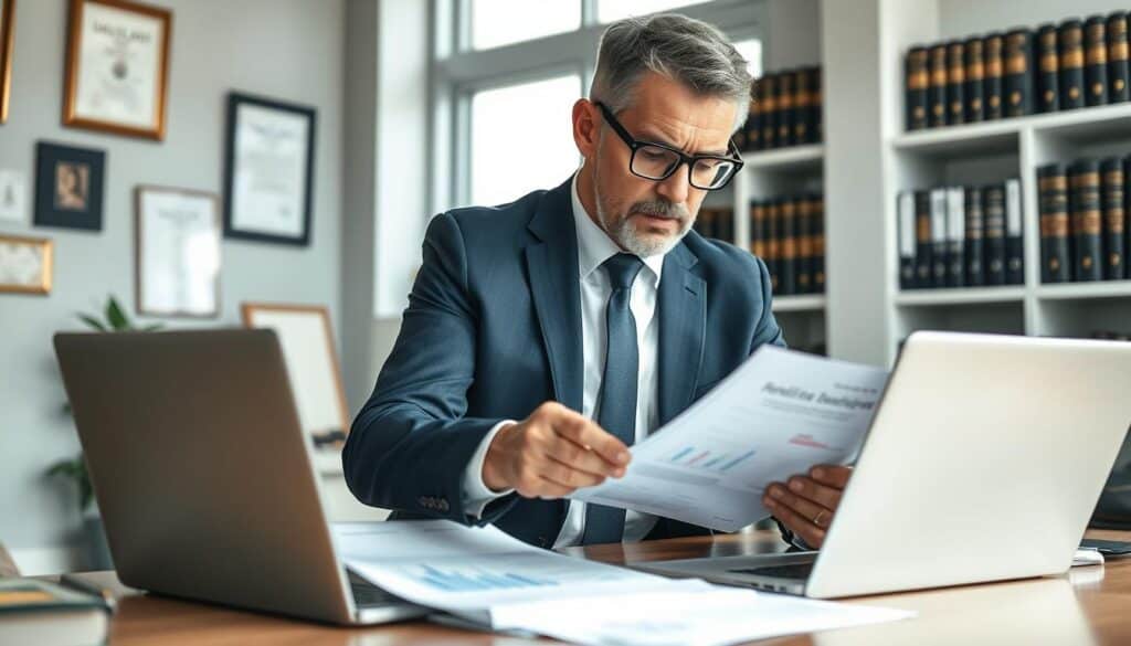 A professional insurance adjuster examining documents in a modern office setting, focusing on a detailed analysis of compensation claims. In the foreground, the adjuster, a middle-aged man in a tailored navy suit and glasses, is intently reviewing papers on his desk. A laptop displaying charts and data is also visible. In the middle ground, soft natural light filters through large windows, creating a bright and welcoming atmosphere. On the walls, framed certificates and awards hint at his expertise. In the background, shelves filled with legal books and case files convey a sense of professionalism and trust. The scene embodies a mood of careful precision and determination, highlighting the critical role of the adjuster in the claims process. A professional insurance adjuster examining documents in a modern office setting, focusing on a detailed analysis of compensation claims. In the foreground, the adjuster, a middle-aged man in a tailored navy suit and glasses, is intently reviewing papers on his desk. A laptop displaying charts and data is also visible. In the middle ground, soft natural light filters through large windows, creating a bright and welcoming atmosphere. On the walls, framed certificates and awards hint at his expertise. In the background, shelves filled with legal books and case files convey a sense of professionalism and trust. The scene embodies a mood of careful precision and determination, highlighting the critical role of the adjuster in the claims process.