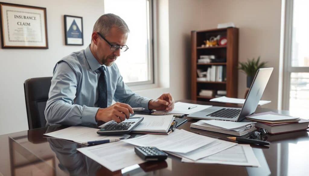 A professional insurance office scene depicting a focused insurance adjuster analyzing a claim file on a sleek desk. In the foreground, the adjuster, dressed in professional business attire, is deep in thought, with a calculator and a laptop open, displaying data. The middle ground shows various insurance-related documents scattered on the desk, including policy papers and incident reports. In the background, a window lets in natural light, illuminating the office with a warm yet serious atmosphere. Subtle details, such as a certificate on the wall and a city skyline visible through the window, enhance the setting. The overall mood should convey determination and professionalism, emphasizing the importance of accuracy in compensation assessment.