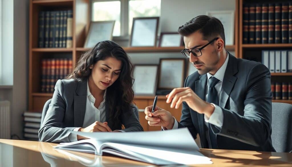 A professional lawyer consulting with a distressed individual in an office setting, focused on conveying legal aid in traffic accident matters. The lawyer, dressed in business attire, is pointing at a document with a pen, clearly explaining the rights of victims. The individual, appearing relieved yet attentive, is seated across from the lawyer, showcasing a mix of concern and hope. In the background, shelves filled with law books and certificates create an authoritative atmosphere. Soft, natural lighting streams through a window, casting gentle shadows and enhancing the professional tone of the scene. The image captures a mood of support and guidance, emphasizing the importance of legal assistance in navigating post-collision claims.