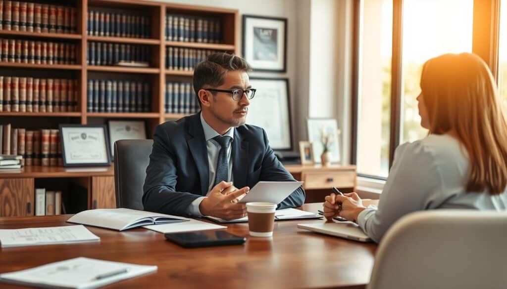 A professional lawyer sitting at a sleek wooden desk in a modern office, engaged in a serious discussion with a client. The lawyer, a middle-aged Caucasian male dressed in a tailored navy suit, is looking intently at the client, a young Hispanic female in a smart blouse, who appears concerned as she listens attentively. Papers and legal documents are neatly arranged on the desk, with a laptop and a cup of coffee nearby. The background features a bookshelf filled with law books and framed legal certificates, while large windows let in warm, natural light. The atmosphere feels serious yet supportive, highlighting the importance of seeking legal advice in challenging situations. The image is captured from a slightly elevated angle, emphasizing the dynamic conversation. A professional lawyer sitting at a sleek wooden desk in a modern office, engaged in a serious discussion with a client. The lawyer, a middle-aged Caucasian male dressed in a tailored navy suit, is looking intently at the client, a young Hispanic female in a smart blouse, who appears concerned as she listens attentively. Papers and legal documents are neatly arranged on the desk, with a laptop and a cup of coffee nearby. The background features a bookshelf filled with law books and framed legal certificates, while large windows let in warm, natural light. The atmosphere feels serious yet supportive, highlighting the importance of seeking legal advice in challenging situations. The image is captured from a slightly elevated angle, emphasizing the dynamic conversation.