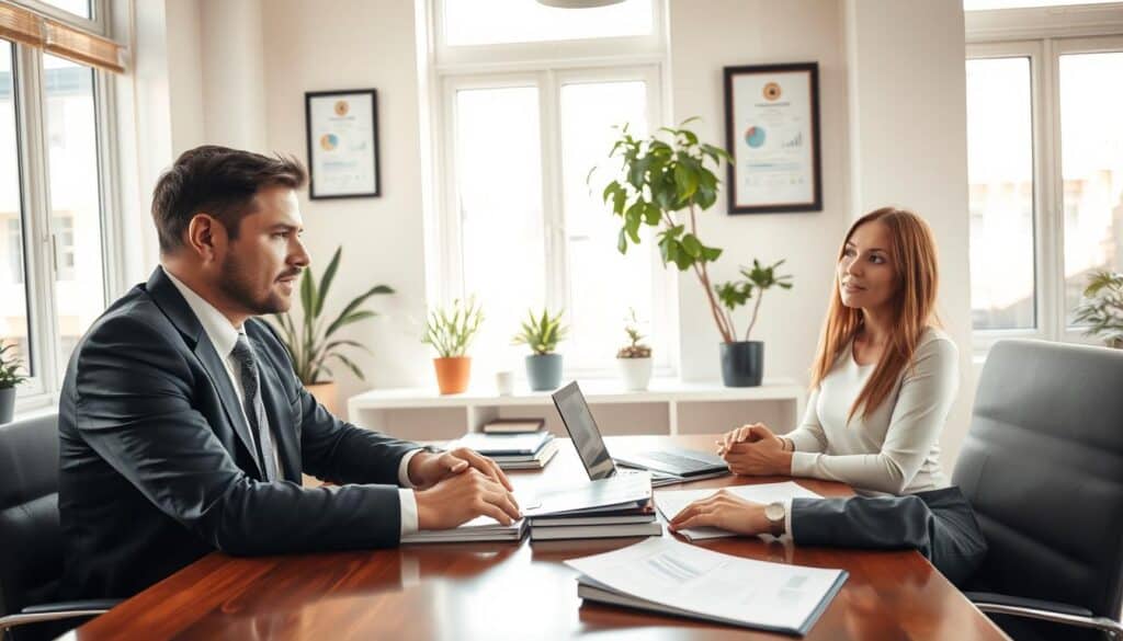 A professional legal consultation scene in a bright, modern office. In the foreground, a well-dressed male lawyer, in a dark suit and tie, is seated at a polished wooden desk, engaged in a focused discussion with a female client wearing business casual attire. The middle layer includes legal books and documents scattered across the desk, as well as a laptop showing legal charts. In the background, large windows allow natural light to flood the room, casting soft shadows. Potted plants and framed legal certificates add an air of professionalism. The atmosphere conveys trust and expertise, with soft, warm lighting enhancing the inviting yet serious mood of the consultation. The angle is slightly elevated, capturing both the lawyer and client in a candid exchange. A professional legal consultation scene in a bright, modern office. In the foreground, a well-dressed male lawyer, in a dark suit and tie, is seated at a polished wooden desk, engaged in a focused discussion with a female client wearing business casual attire. The middle layer includes legal books and documents scattered across the desk, as well as a laptop showing legal charts. In the background, large windows allow natural light to flood the room, casting soft shadows. Potted plants and framed legal certificates add an air of professionalism. The atmosphere conveys trust and expertise, with soft, warm lighting enhancing the inviting yet serious mood of the consultation. The angle is slightly elevated, capturing both the lawyer and client in a candid exchange.
