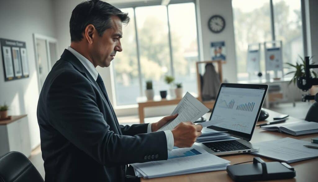A professional office environment depicting an insurance claims scenario. In the foreground, a focused insurance adjuster in business attire, reviewing case files with a concerned expression. The middle ground features a desk cluttered with documents and a laptop displaying charts and claim reports. The background shows a modern office with large windows allowing natural light to flood the space, creating a bright and organized atmosphere. Subtle details like a wall clock and insurance posters enhance the setting. The mood conveys tension and diligence, reflecting the challenges of assessing claim compensation accurately. Capture this scene from a slightly angled perspective to add depth.